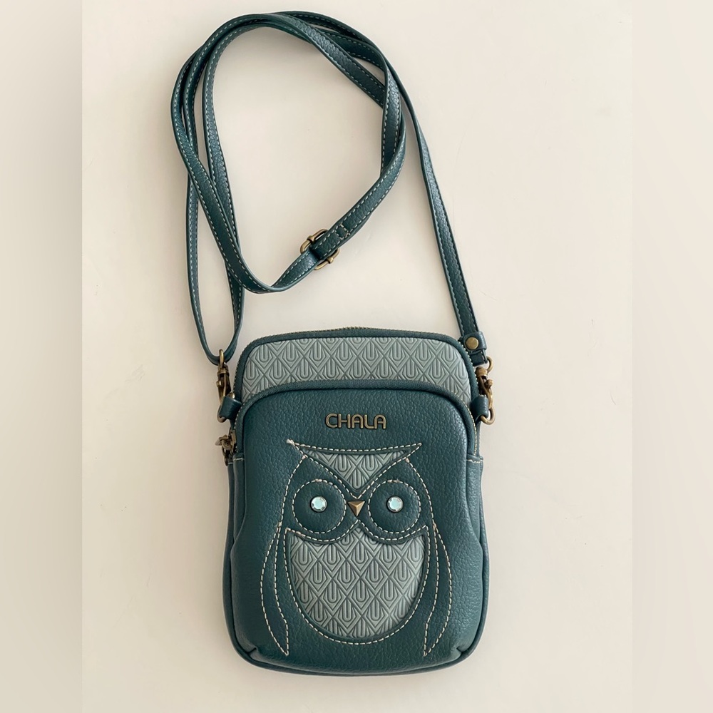Chala UNI Cellphone Xbody purse Teal Owl Rhinestone Eyes